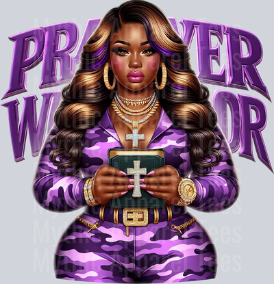 Girl with open bible 6 cross PW Purple Prayer Warrior DTF Religious Transfers
