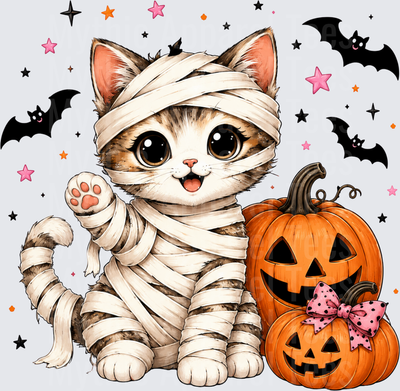 Cute Mummy Kitten Halloween Jack-O-Lantern Pumpkins Bats and Stars
