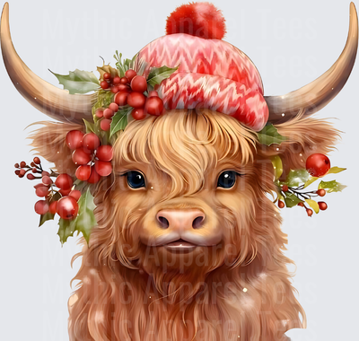 Highland Christmas Cow with Pink Beanie Hat and Holly Berries