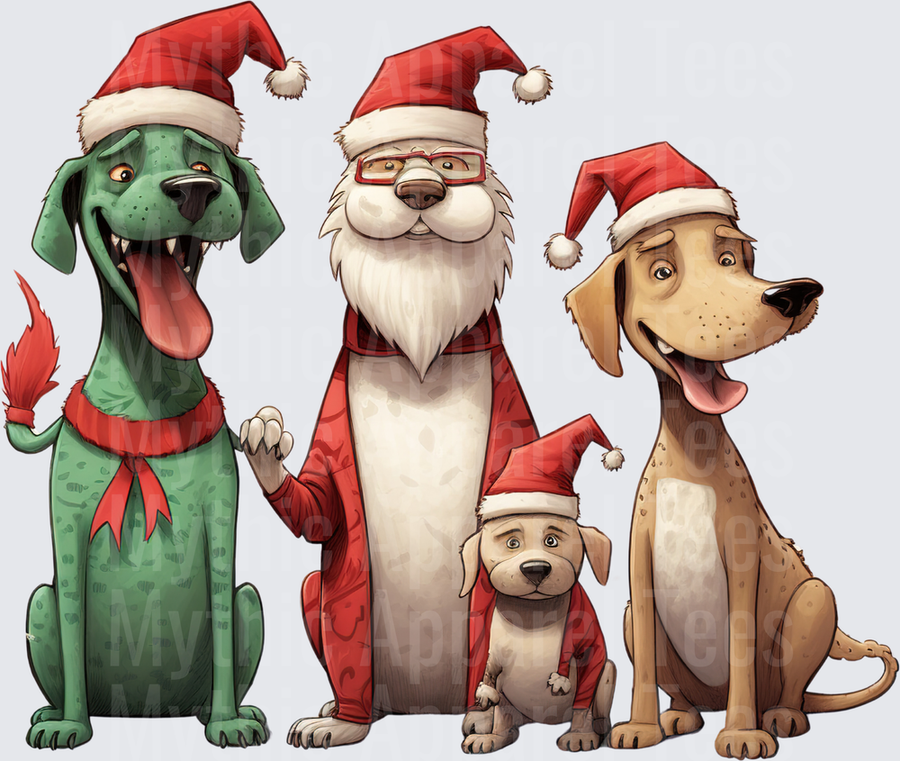 Four Cartoon Christmas Dogs in Santa Hats Holiday Family Portrait with Grinch Green Dog