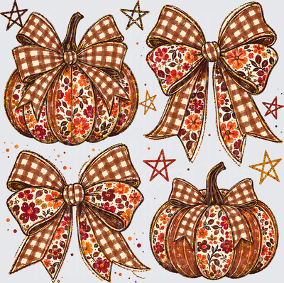 Fall Designs Coquette Buffalo Plaid and Floral Patchwork Pumpkins with Oversized Bows and Rustic Stars Autumn Bundle