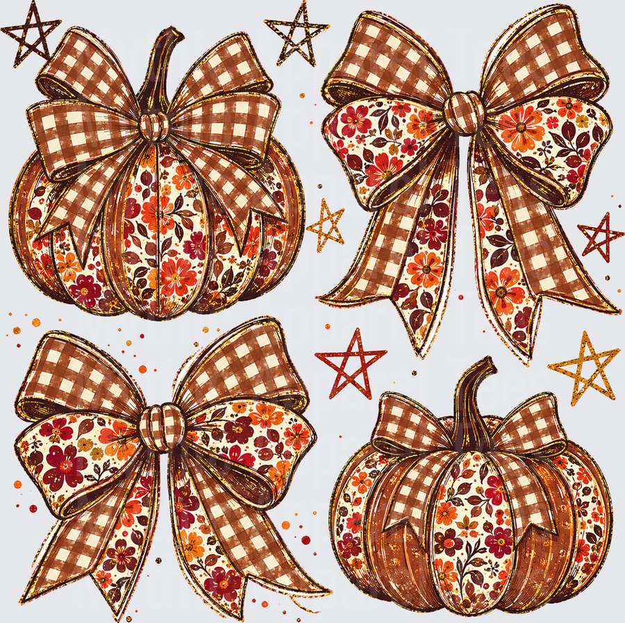 Fall Designs Coquette Buffalo Plaid and Floral Patchwork Pumpkins with Oversized Bows and Rustic Stars Autumn Bundle