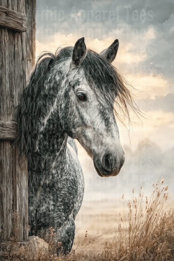 Dapple Gray Horse Portrait Beside Rustic Wooden Barn with Flowing Mane and Dreamy Sky Background