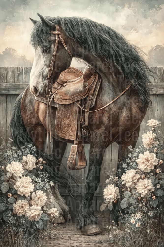 Dark Bay Horse with Tooled Western Saddle and White Roses by Rustic Wooden Fence Vintage Floral Equestrian Art