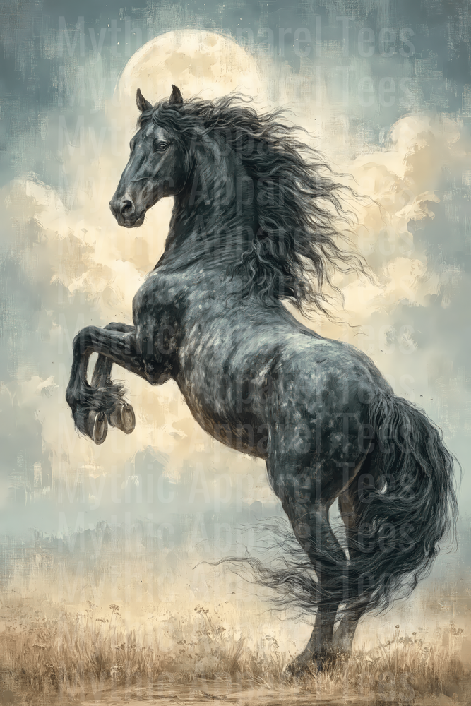 Majestic Black Friesian Horse Rearing Under Full Moon Vintage Oil Painting Style