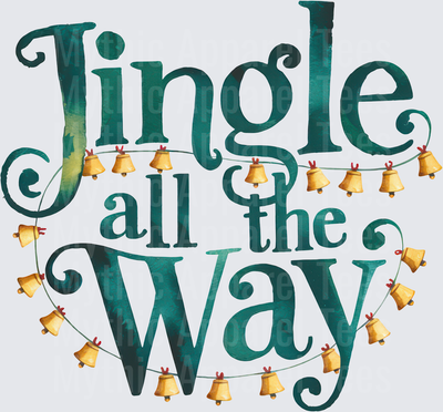 Jingle All The Way Teal Watercolor Typography with Gold Bell Garland Christmas Quote