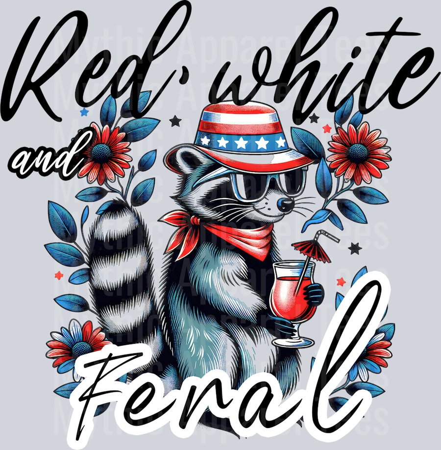 Red white and feral Flower Racoon DTF Patriotic Transfers
