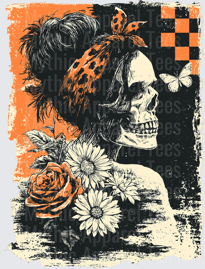 Distressed Halloween Rockabilly Skull Queen with Polka Dot Bandana Roses Daisies and Butterfly Grunge Art