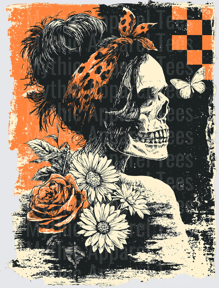 Distressed Halloween Rockabilly Skull Queen with Polka Dot Bandana Roses Daisies and Butterfly Grunge Art