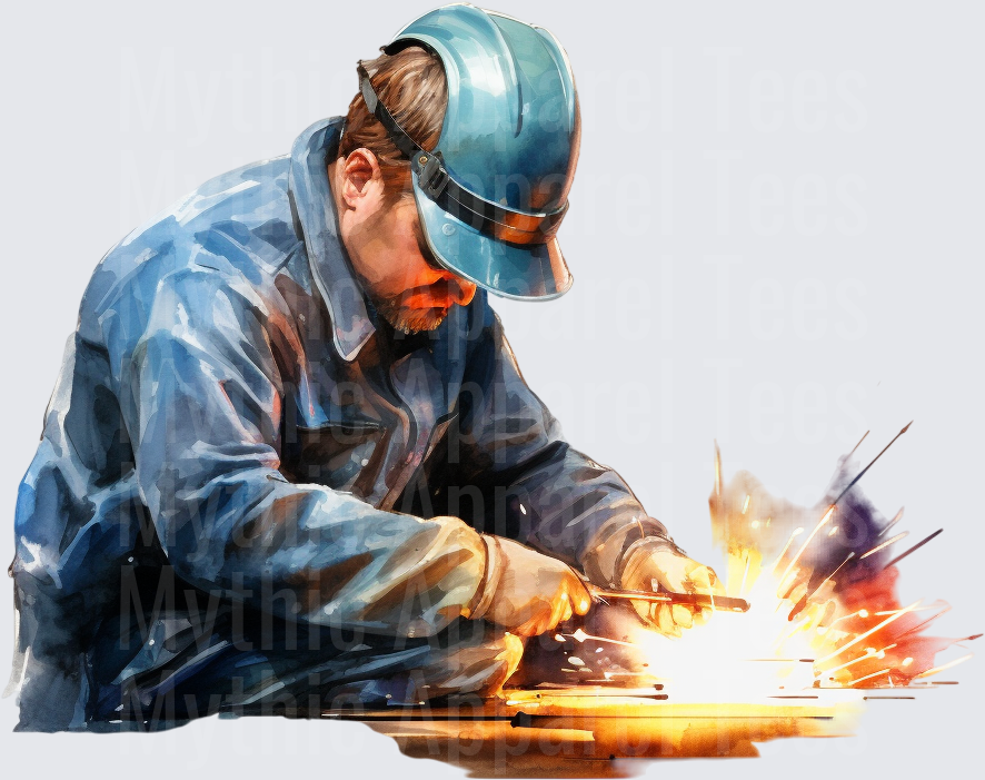 Watercolor Welder Worker with Sparks Flying Blue Collar Tradesman