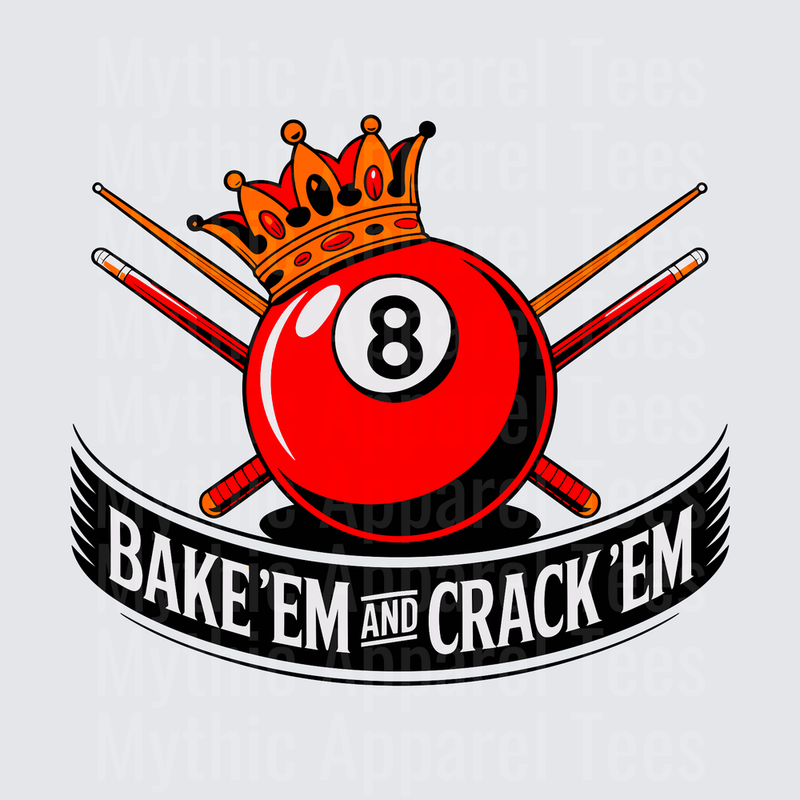Crowned Red 8 Ball with Crossed Pool Cues Bake Em and Crack Em Banner Billiards Design