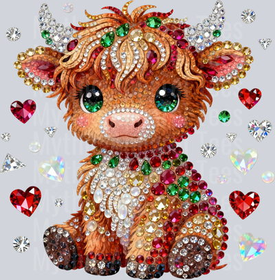 AZ692 Faux Rhinestone Valentines Day Highland Cow