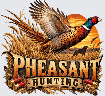 Pheasant Hunting Ring-Necked Pheasant Flushing at Sunset with Hunting Dog and Shotgun Shells Wheat Field Scene