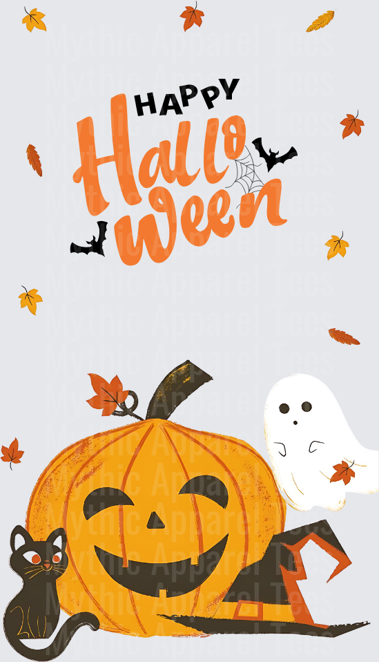 Happy Halloween Jack-O-Lantern with Black Cat Ghost and Bats Falling Autumn Leaves