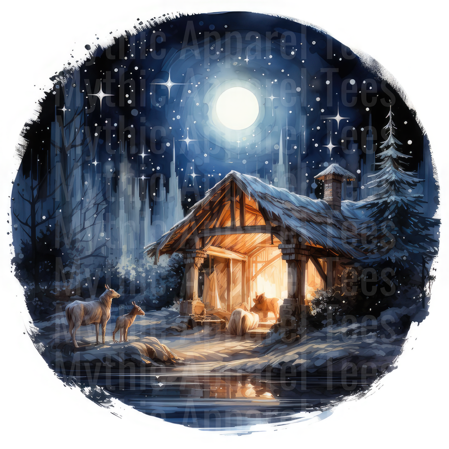 Nativity Scene Glowing Stable Moonlit Winter Night Deer