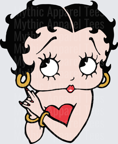 Betty Boop Classic Cartoon Portrait with Gold Hoop Earrings and Red Heart Dress