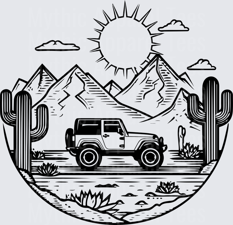 Off Road Jeep Desert Scene Mountains Cactus Sun Badge