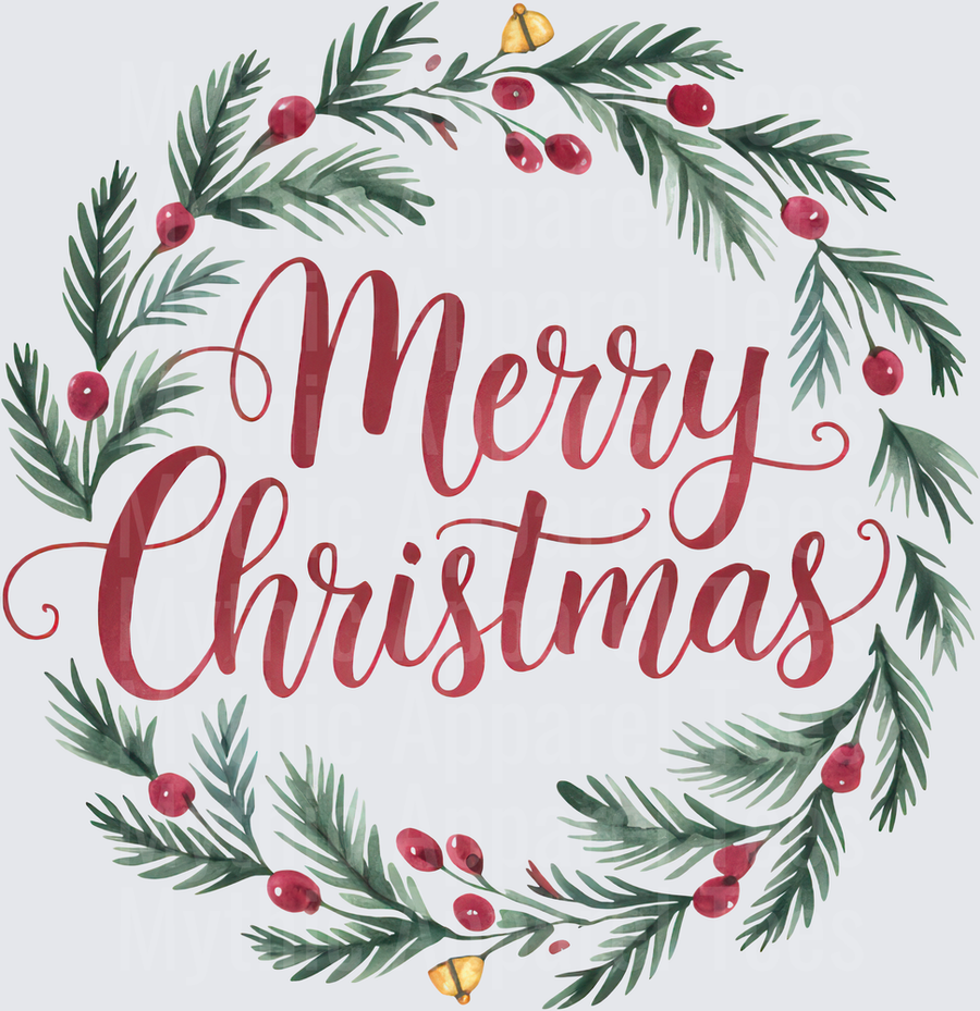 Merry Christmas Watercolor Pine Wreath with Red Berries and Gold Bells Script Lettering