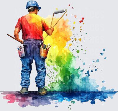 Watercolor Painter Worker Blue Hard Hat Rainbow Paint Roller Splash Brushes Belt Pouch Back View
