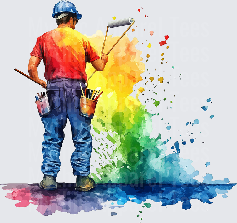 Watercolor Painter Worker Blue Hard Hat Rainbow Paint Roller Splash Brushes Belt Pouch Back View