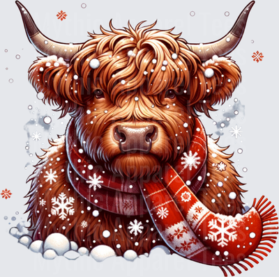 Highland Christmas Cow with Red Snowflake Scarf in Snow