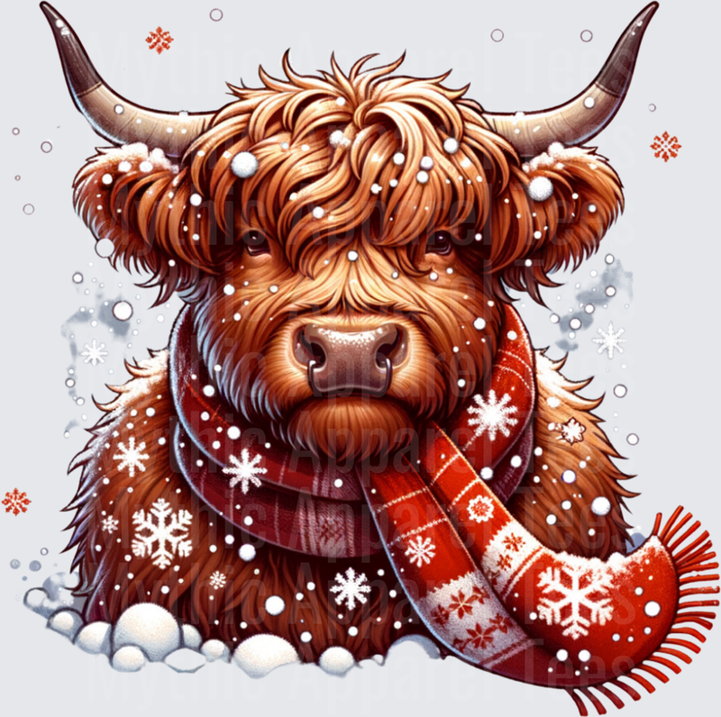 Highland Christmas Cow with Red Snowflake Scarf in Snow
