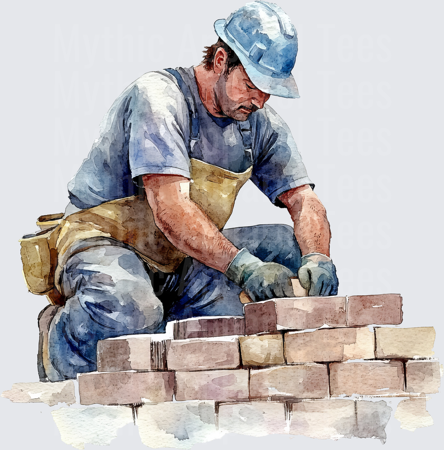 Watercolor Bricklayer Mason Worker Laying Bricks in Hard Hat and Work Gloves