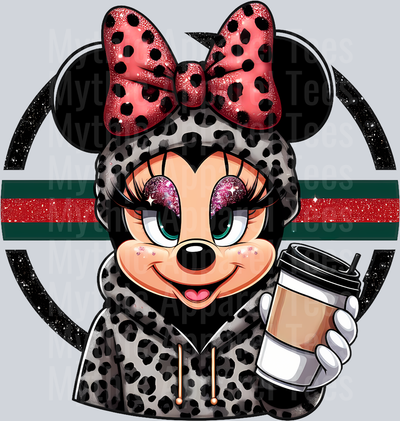 Minnie with coffee GUCCI Leopard print jacket Disney DTF Gucci Disney Transfers