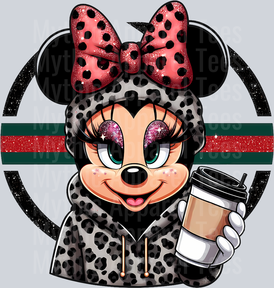Minnie with coffee GUCCI Leopard print jacket Disney DTF Gucci Disney Transfers