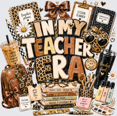 In My Teacher Era Leopard Print Boho Teacher Supplies Collage with Books Glasses Coffee Cup and Inspirational Text
