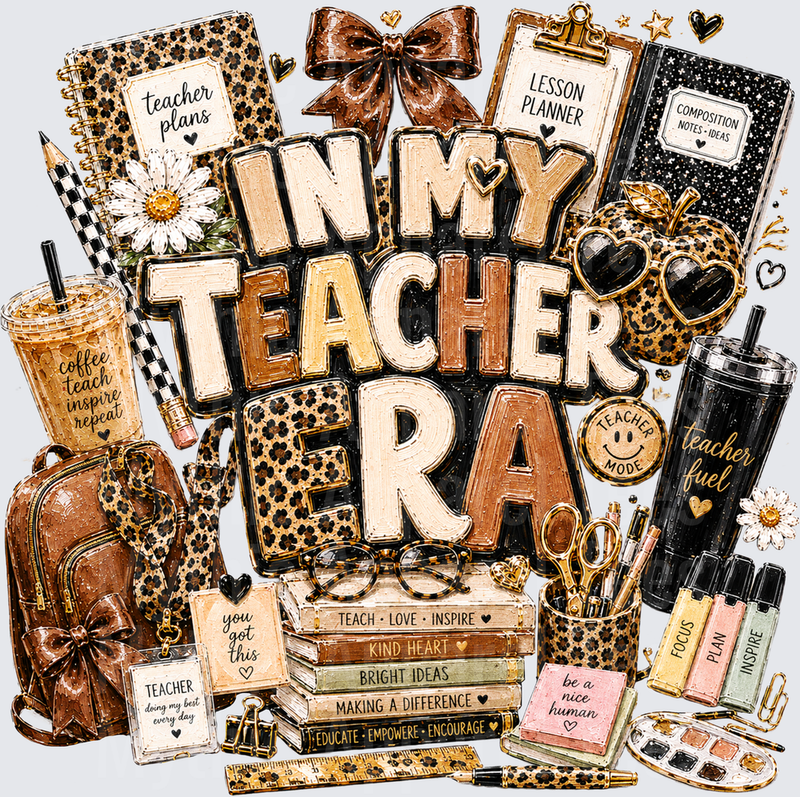 In My Teacher Era Leopard Print Boho Teacher Supplies Collage with Books Glasses Coffee Cup and Inspirational Text