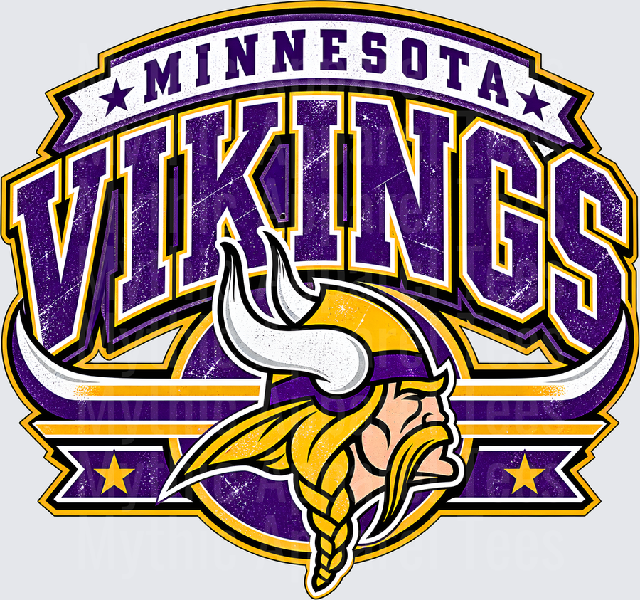 Minnesota Vikings Distressed Vintage Bold Arch Logo with Viking Mascot Purple and Gold