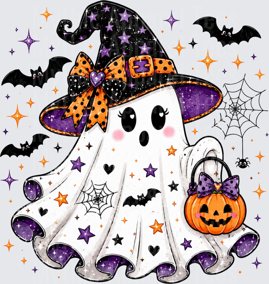 Halloween Cute Ghost Wearing Witch Hat Holding Jack-O-Lantern Pumpkin Bag with Bats Stars and Spiderwebs