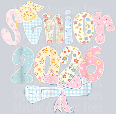 Senior 2026 Pastel Floral Patchwork Letters with lace Bow T-Shirt (1)