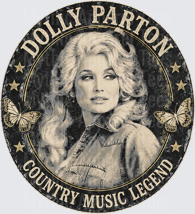 Dolly Parton Country Music Legend Vintage Round Badge with Butterflies and Gold Stars Distressed Portrait Design
