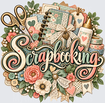 Scrapbooking Vintage Floral Craft Supply Collage with Scissors Glue Washi Tape Buttons Lace Bows and Patterned Album