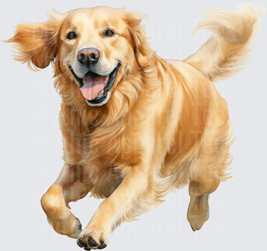Watercolor Happy Golden Retriever Running Through the Park with Tongue Out