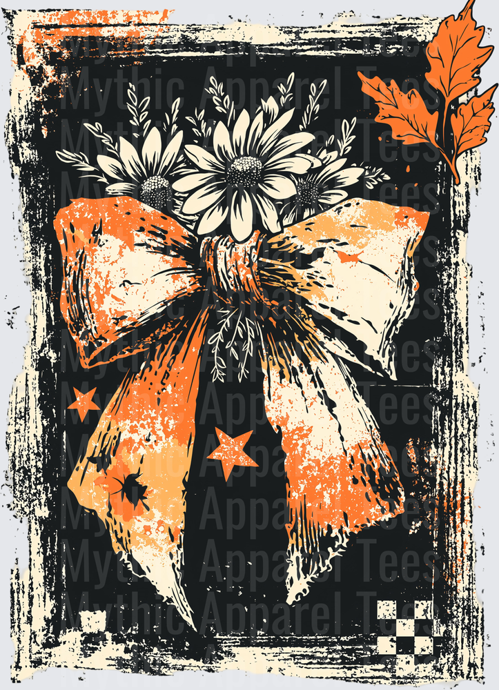 Distressed Halloween Orange and Cream Daisy Bouquet with Stars Bow and Autumn Oak Leaf Grunge Frame