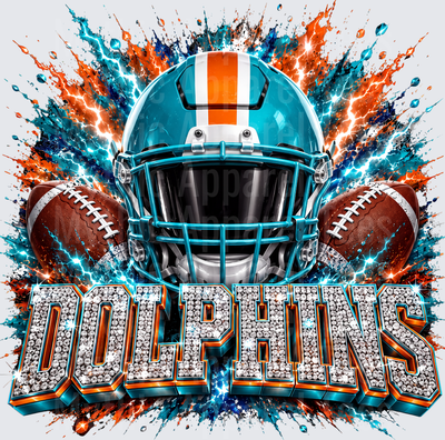 Rhinestone Style NFL Miami Dolphins Aqua Orange Helmet Crossed Footballs Lightning Explosion Bling Diamond Letter Graphic