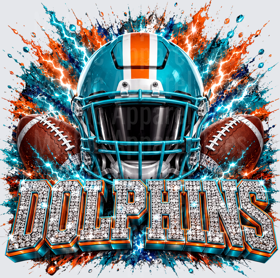 Rhinestone Style NFL Miami Dolphins Aqua Orange Helmet Crossed Footballs Lightning Explosion Bling Diamond Letter Graphic