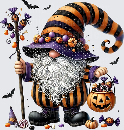 Halloween Witch Gnome with Orange Black Striped Hat Candy Staff and Jack-O-Lantern Treat Bucket Surrounded by Bats and Pumpkins