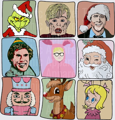 Classic Christmas Movie Characters Nine Panel Grid Grinch Kevin McCallister Clark Griswold Buddy the Elf Ralphie Pink Bunny Suit Santa Claus King Moonracer Rudolph Red-Nosed Reindeer Clarice