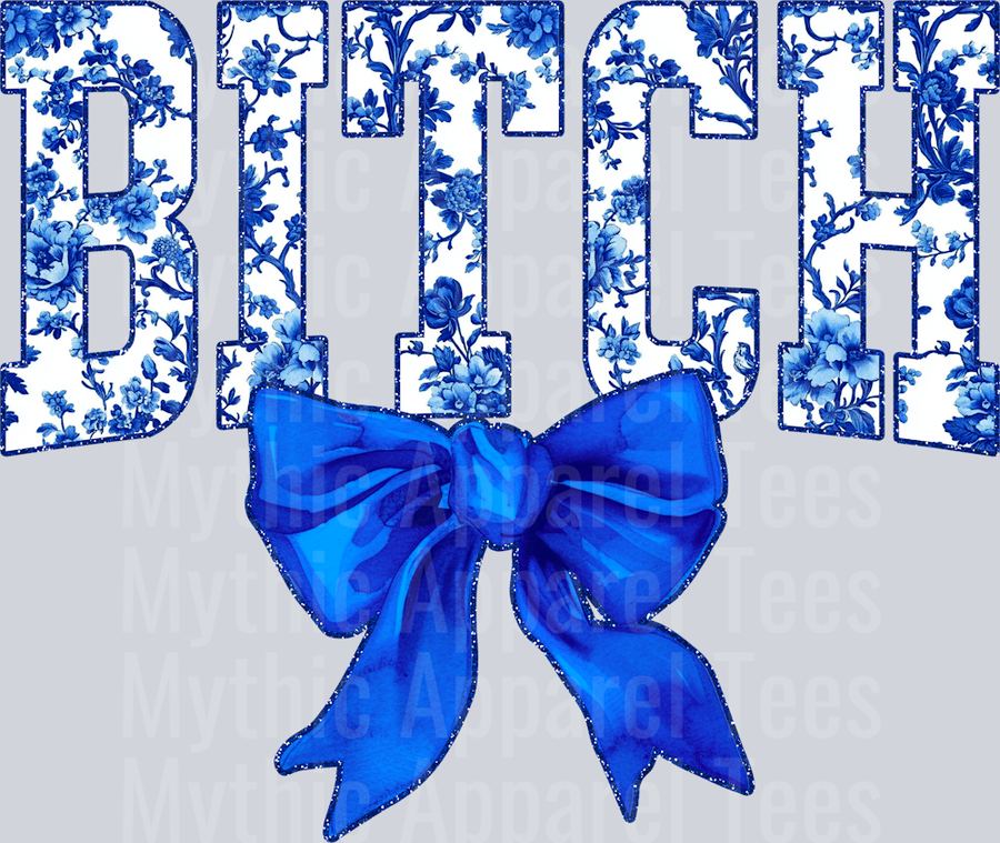 Blue Bitch College Font With Bow Floral Pattern Edgy