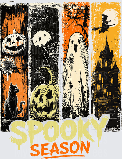 Distressed Halloween Spooky Season Four Panel Design with Jack-o-Lanterns Ghost Witch Black Cat and Haunted House