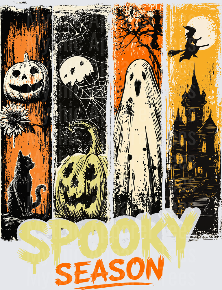 Distressed Halloween Spooky Season Four Panel Design with Jack-o-Lanterns Ghost Witch Black Cat and Haunted House
