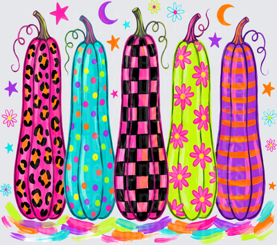 Halloween Bright And Fun Tall Patterned Pumpkins Leopard Print Polka Dot Checkered Floral Striped Colorful Neon Halloween Gourds With Stars Moons And Daisies