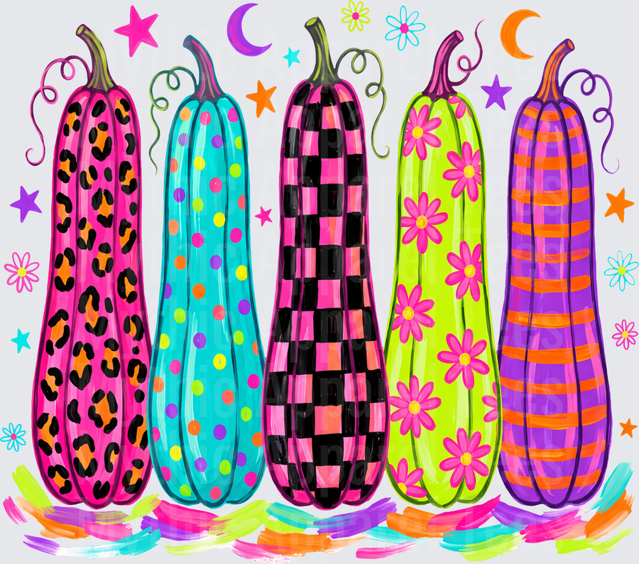 Halloween Bright And Fun Tall Patterned Pumpkins Leopard Print Polka Dot Checkered Floral Striped Colorful Neon Halloween Gourds With Stars Moons And Daisies