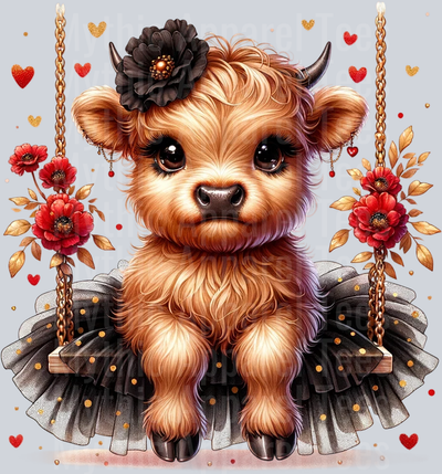 Cute Highland Cow Baby Swing flowers black DTF Precious Highland Cow Transfers