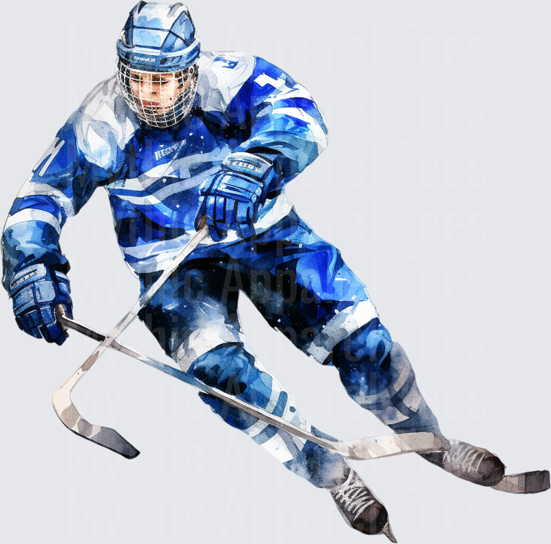Ice Hockey Player Watercolor Blue Action Stride Art