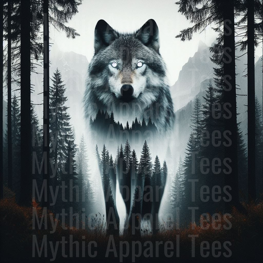 Mystical Wolf Double Exposure Dark Forest Pine Trees Mountain Wilderness Glowing Eyes